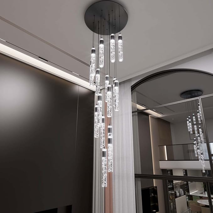 16-Light Black Crystal Chandelier for Foyer Entrance Loft 118" Long Spiral Stair Bubble Crystal Chandelier for High Ceiling Lighting Fixtures LED Lampara, Dimmable 3000K-6000K