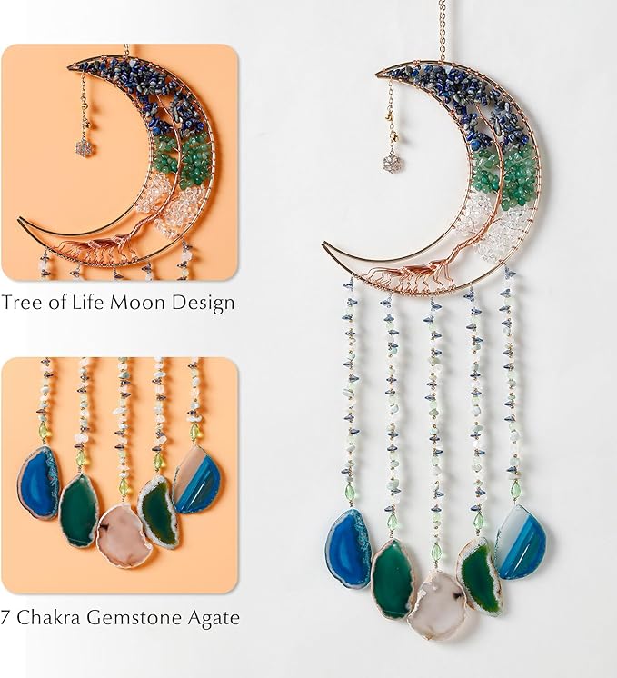 Agate Gemstone Dream Catcher 7 Chakra Tree of Life Dream Catcher with Rainbow Crystal Stones Handmade Dreamcatcher Wall Decor for Adults Boys Girls,Bedroom,Wedding,Garden,Bless Gift(Blue&Green Moon)