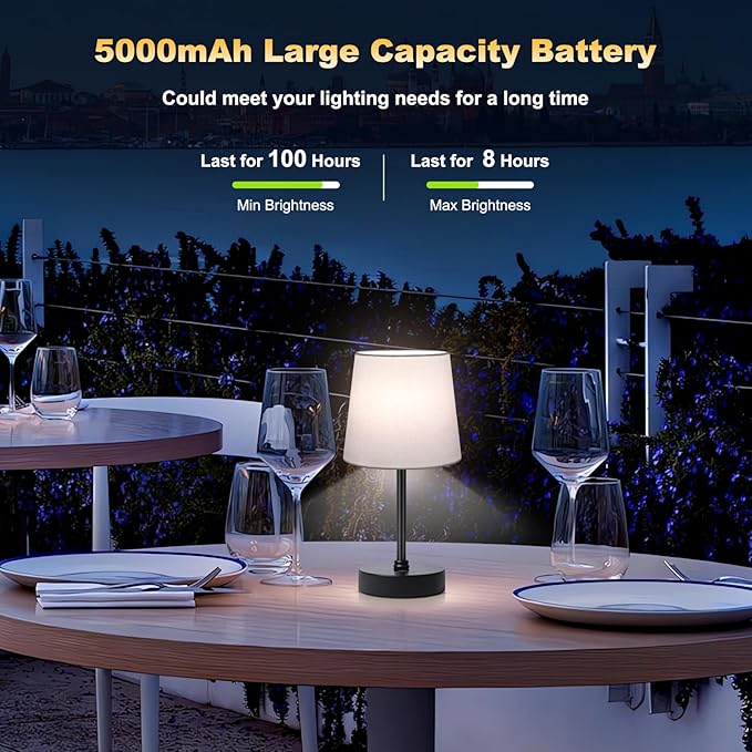 Cordless Table Lamp,5000mAh Rechargeable Battery Operated Desk Lamp,3Colors & 7 RGB Stepless Dimmable, Portable Small Touch Fabric Shade LED Night Light for Patio Restaurant Home(White)