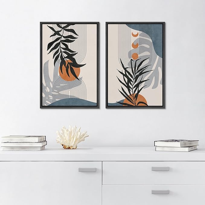 SIGNFORD Framed Canvas Print Wall Art Forest Plant Silhouettes & Mid-Century Symbols Abstract Shapes Illustrations Modern Boho Nature for Living Room, Bedroom, Office - 16"x24"x2 Black