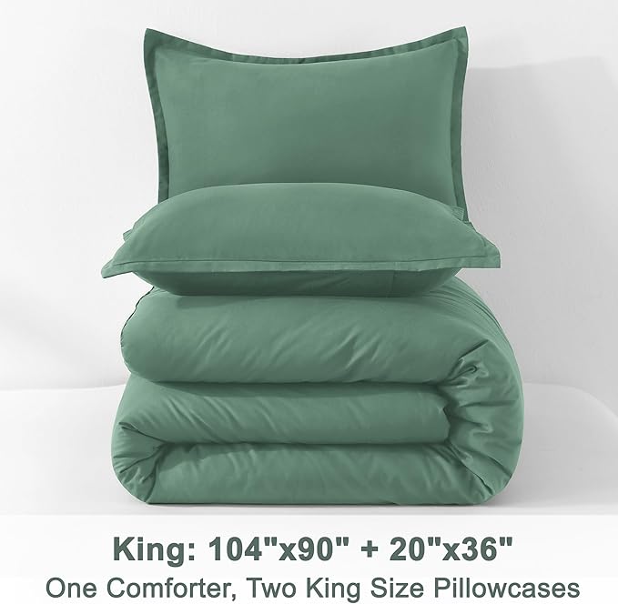 Litanika Comforters King Size Haze Green, 3 Pieces Lightweight Solid Bedding Set & Collections, All Season Fluffy Bed Set (104x90 Inches Comforter & 2 Pillowcases)
