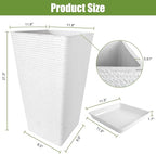 Tall Planters Set Of 2 for Outdoor Indoor Plants,21.3in Large Tapered Plant Pots with Drainage Trays Holes,White Resin Extra-Thick Flower Pots for Outdoor Patio Front Porch Backyard Decor