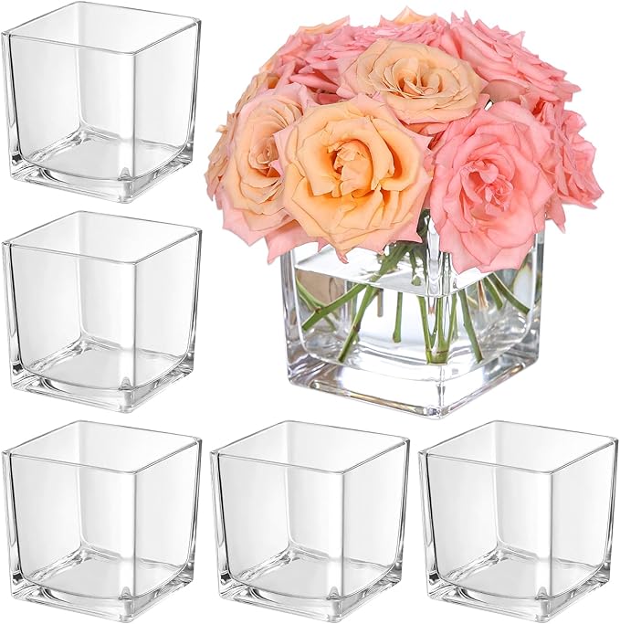 KEYWING 6 Pack Square Glass Vase 5" x 5" x 5", Clear Flower Vases for Centerpieces, Square Flower Vase Candle Holder for Wedding, Party, Home Office Decoration