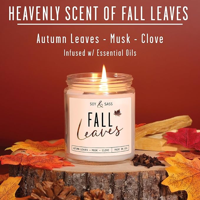 Fall Candles - 'Fall Leaves' Fall Candle w/Autumn Leaves, Clove & Musk I Infused with Essential Oils I Autumn Scented Candles I Cozy Cute Autmn Décor Gifts I 9oz Jar I 50Hr Burn I Made in USA