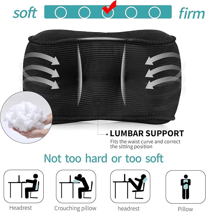 Lumbar Support Pillow for Office Chairs, Back Support Pillow for Lower Back Pain Relief, Soft & Good Support Corduroy Desk Lumbar Cushion, 17.5"x10"x5.5", Medium（Black