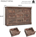 9 Drawers Dresser for Bedroom, Farmhouse 55" Wide Dressers & Chests of Drawers w/Roman Column, Large Storage Dressers Organizer for Bedroom, Living Room, Hallway, Light Brown