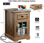 Farmhouse XXL End Table with Charging Station, Side Table with USB Ports and Outlets, Nightstand with Drawer and Glass Door Storage, Log Color Bedside Tables for Living Room, Bedroom, Office