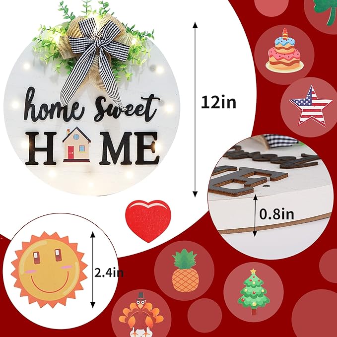 Interchangeable Welcome Sign for Front Door with 14 Changeable Icons, Farmhouse Front Porch Decor Rustic Wooden Wall Sign with 12 LED Lights, Outdoor Seasonal Welcome Home Decorations (White1)
