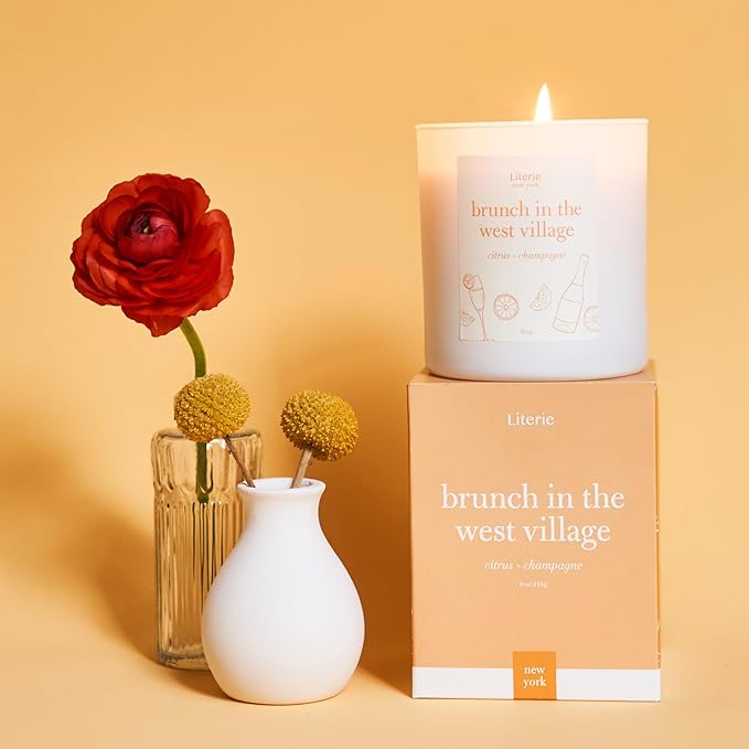 Literie NYC Inspired Scented Candle: Brunch in The West Village - Citrus & Champagne, 9oz, 50 Hour Burn, Vegan Soy & Coconut Blend Candle for Home Decor, Gift for Women & Men