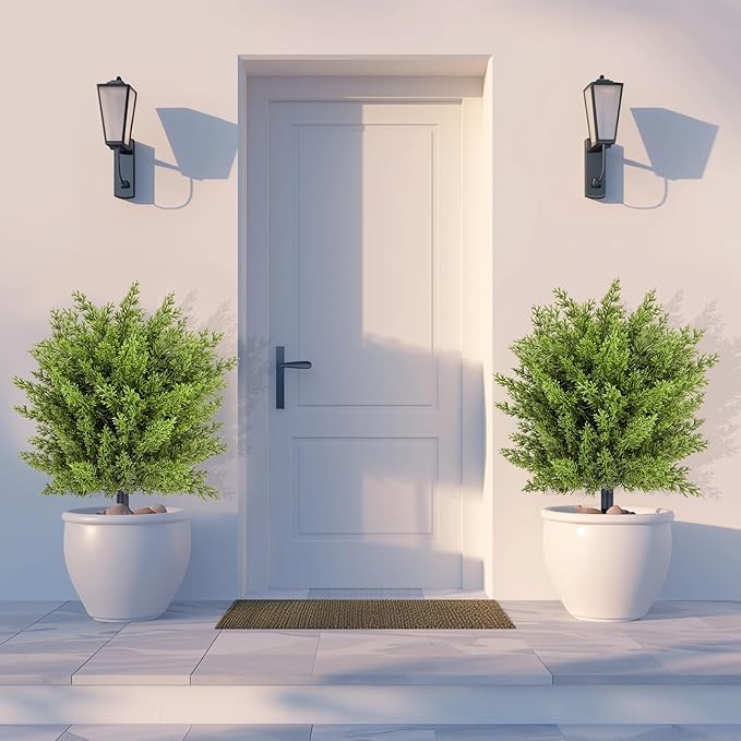 Artificial Boxwood Topiary Ball Trees with Ground Spikes UV Resistant Faux Greenery Shrubs Fake Shrubs for Outdoors, Realistic Faux Plants Bushes for Garden Porch Yard Patio Decor (Cedar Green)