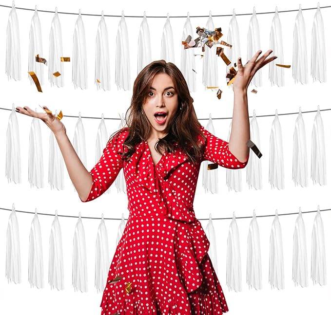 3P White Foil Fringe Metallic Tassel Streamers Banner Tassel Garland for Parade Floats, Graduation, Wedding, Birthday, Halloween, Christmas, Bridal/Baby Shower Party Decorations