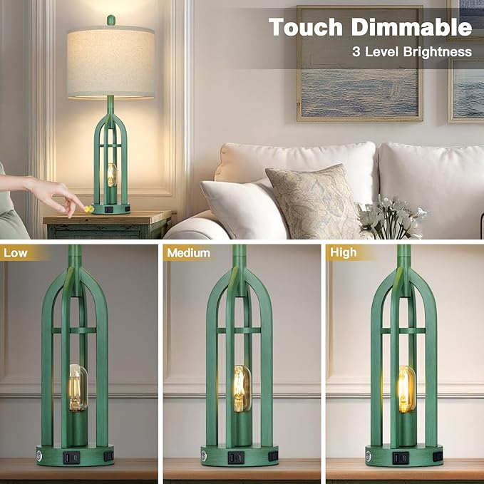 27" Tall Vintage Table Lamp Set of 2 with USB C+A & Outlet,Farmhouse Green Table Lamp for Living Room,Retro Bedside Lamps with Night Light for Bedroom Entryway,Green