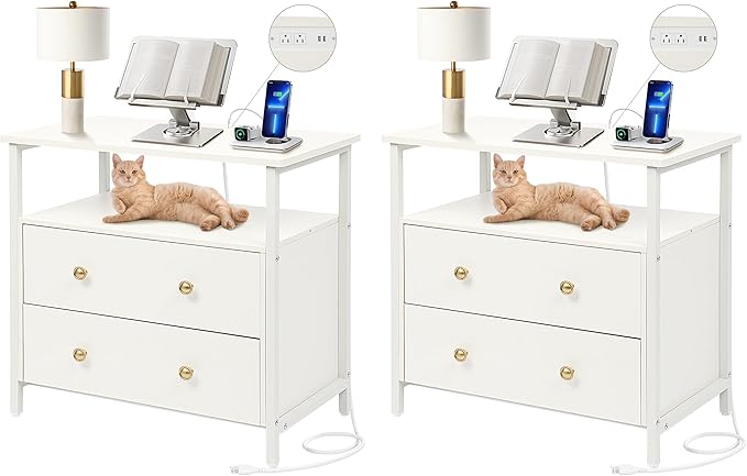 27 inch Wide Night Stand Set 2 with Charging Station, Bedside Table with Open Shelf, 2 Drawers Small Wood Dresser, Modern Wood Nightstand for Bedroom/Living Room (White)