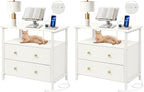 27 inch Wide Night Stand Set 2 with Charging Station, Bedside Table with Open Shelf, 2 Drawers Small Wood Dresser, Modern Wood Nightstand for Bedroom/Living Room (White)