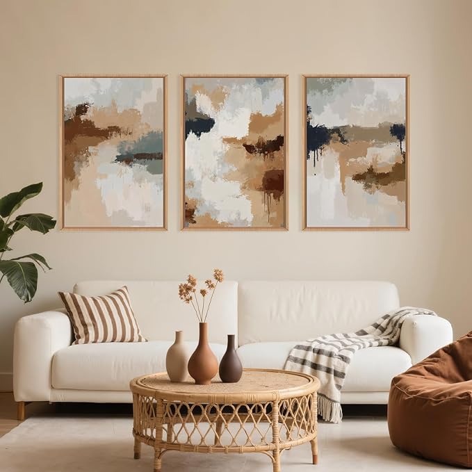 LHIUEM Large Abstract Brown Grey Framed Canvas Wall Art,Neutral Brush Stroke Pastel Wall Decor,Modern Color Block Wall Painting,Minimalist Artwork for Living Room,Bedroom,Dining Room,Office -16"x24"x3