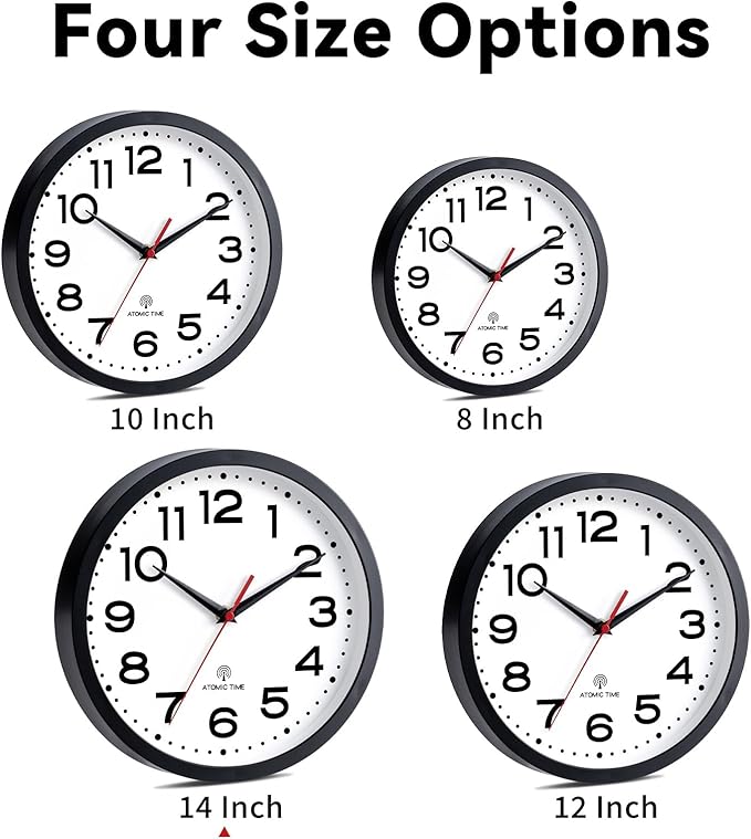 Atomic Wall Clock 14 Inch, Modern Clock Battery Operated Classic Analog Decorative for Kitchen, Living Room, Office, Bedroom, Bathroom (Black)