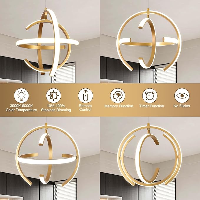 Modern Gold LED Chandelier, Dimmable Metal Brushed Globe Pendant Lights, Hanging Ceiling Light Fixture for Kitchen Island Living Room Room Dining Bedroom Hallway Entryway Foyer 13 Inchs