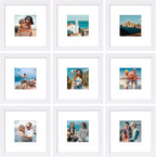 Vittanly 12x12 Picture Frames Set of 9, Shatter Resistant Plexiglass, Display 8x8 Pictures with Mat or 12x12 without Mat, Photo Frames for Wall Mount, Engineered Wood, White