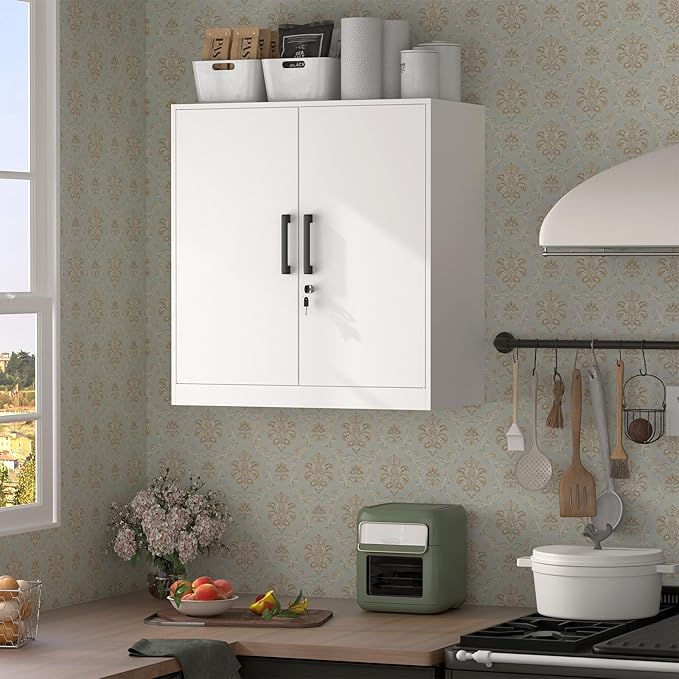 Wall Cabinet,Lockable Storage Cabinets with Adjustable Shelf,Locking Wall Storage Cabinet with Doors for Laundry Room,Home Office,White