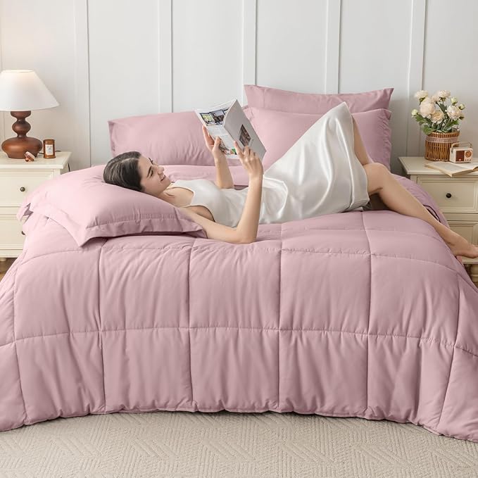 JOLLYVOGUE Twin XL Comforter Set, Ultra-Soft Bed in a Bag Twin XL Size 5 Pieces, Oeko-TEX Certified Bedding Set with Down Alternative Comforter, Sheets, Pillowcases & Shams, Camio Pink
