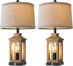 BOBOMOMO 23.75" Natural Wood Farmhouse Table Lamps Set of 2 – Retro Nightstand Lamps with 3 Way Dimmable Touch Control Night Light & USB A+C Ports, Rustic Lamps for Living Room, Bedroom, Entryway