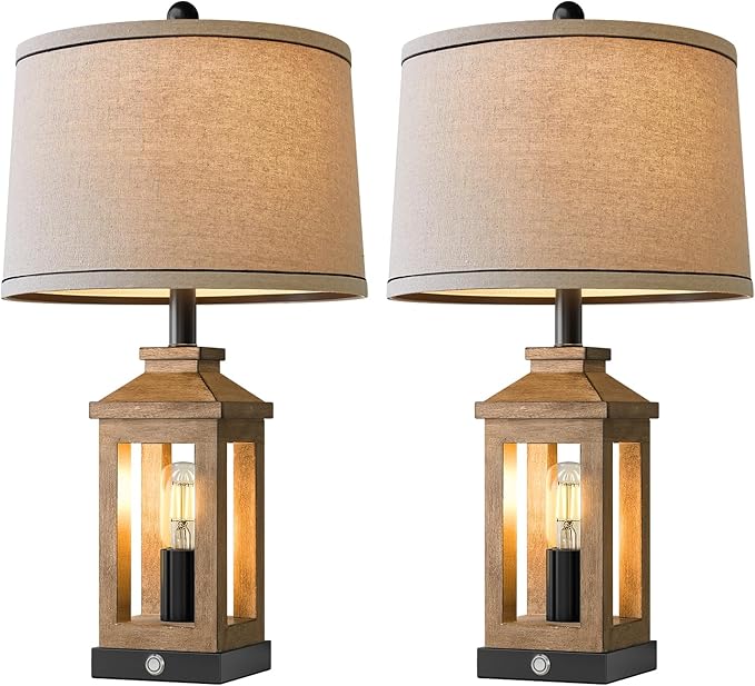 BOBOMOMO 23.75" Natural Wood Farmhouse Table Lamps Set of 2 – Retro Nightstand Lamps with 3 Way Dimmable Touch Control Night Light & USB A+C Ports, Rustic Lamps for Living Room, Bedroom, Entryway