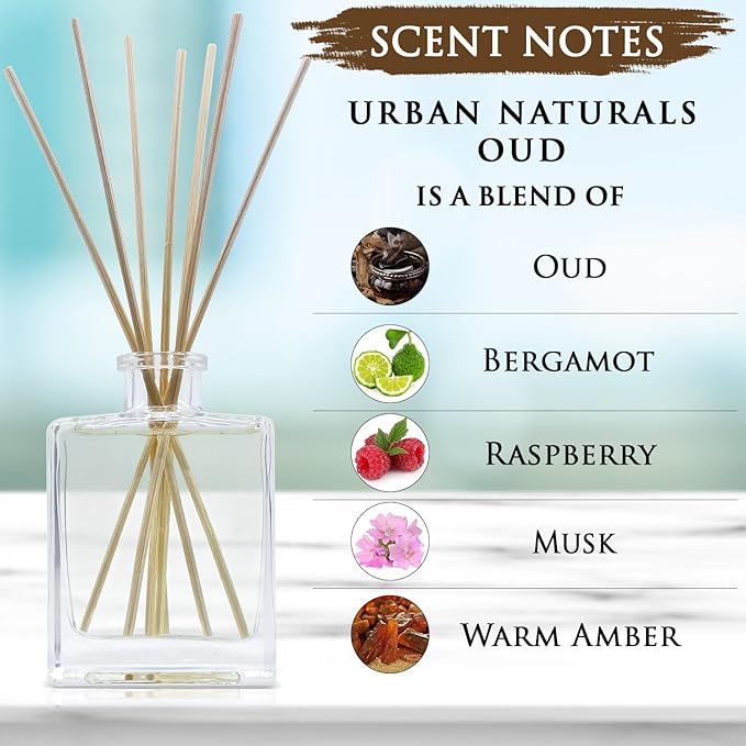 Urban Naturals Oud Reed Diffuser Set – Bergamot, Raspberry, Oud, Musk, Warm Amber – Made with Essential Oils – Sleek Rectangular Refillable Glass Bottle – Made in The USA