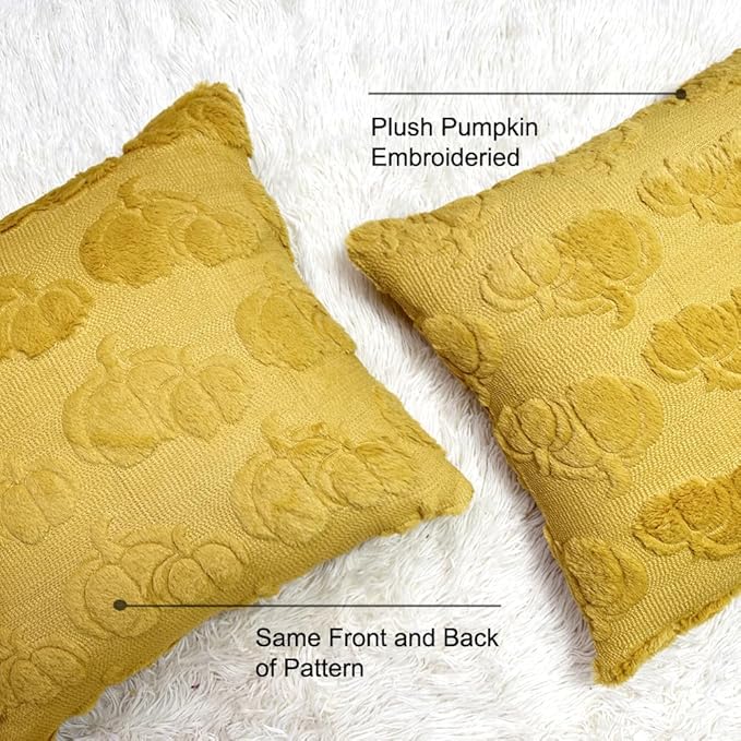Booque Valley Fall Decorative Pillow Covers Set of 2 18 x 18 inch Soft Plush Faux Fur Wool Pumpkin Throw Pillowcases for Autumn Halloween Farmhouse Home Decor, Mustard Yellow