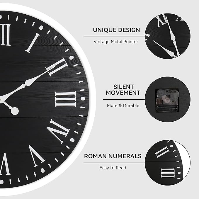 35" Large Wall Clock, Shiplap Wall Clock with Roman Numeral Nearly Non-Ticking Farmhouse Round Wall Clocks for Living Room Decor, Office, Bedroom, Entrance, Black