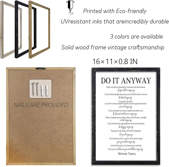 Do It Anyway Mother Teresa Wall Art Decor 16x11 Inch Wooden Framed Wall Hanging Sign (Black)