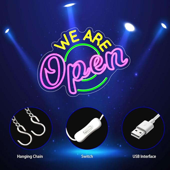 We Are Open Neon Sign, Neon Signs for Wall Decor Neon LED Signs Room Neon Light Up Signs Home Decor for Business Restaurant Cafe Club Party Bar Shop USB Operated