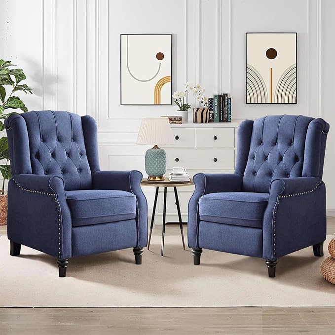 CANMOV Push Back Recliner Chair Set of 2, Modern Fabric Wingback Recliner Chair, Comfy Armchair Single Sofa Accent Chair with Padded Seat and Nailhead Trim, Tufted, Dark Blue