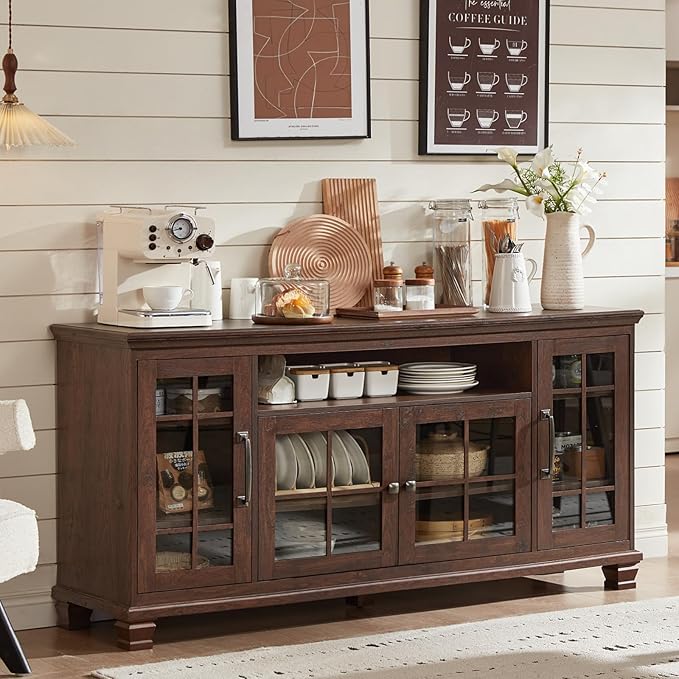 Large Sideboard Buffet Cabinet with Storage, Vintage Walnut Farmhouse 60" Wide Credenza Accent Cabinets with Glass Doors & Wood Legs, Kitchen Coffee Bar Table for Dining Room, Living Room
