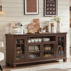 Large Sideboard Buffet Cabinet with Storage, Vintage Walnut Farmhouse 60" Wide Credenza Accent Cabinets with Glass Doors & Wood Legs, Kitchen Coffee Bar Table for Dining Room, Living Room