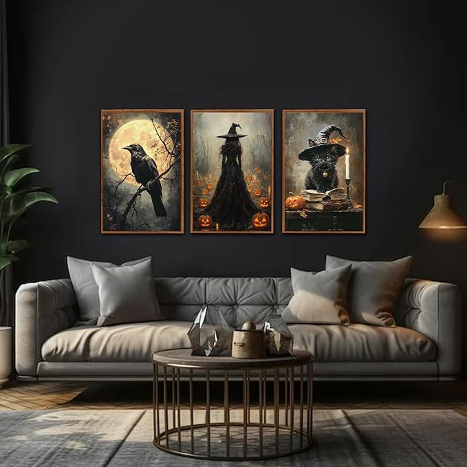 KAIRNE Framed Halloween Canvas Wall Art,Dark Witch Crow Prints,Black Cat Painting,Horror Gothic Pictures Set of 3 (16”X24”),Scary Halloween Wall Decor for Party Living Room Bedroom Office Decoration