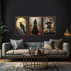 KAIRNE Framed Halloween Canvas Wall Art,Dark Witch Crow Prints,Black Cat Painting,Horror Gothic Pictures Set of 3 (16”X24”),Scary Halloween Wall Decor for Party Living Room Bedroom Office Decoration
