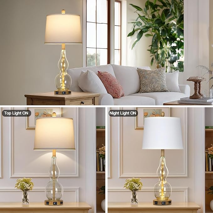 27.5" Clear Glass Table Lamp Set of 2 with Night Light,Bedside Lamps with USB Ports and AC Outlet, Modern Nightstand Lamps Retro Farmhouse lamp for Bedroom Living Room