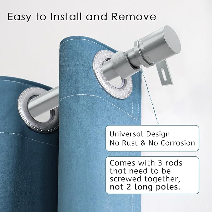 Curtain Rods for Windows 16 to 48 or 60 Inches Max Adjustable Length 1 Inch Diameter Window Curtain Rod with Aluminium End Cap, Silver Gray