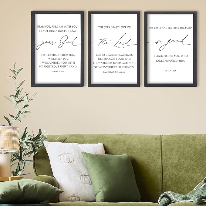 FZMHASLWW The Lord Your God Is Good Sign Bible Verses Wall Decor 16"X11" Set of 3 Christian Scripture Prayer Inspirational Motivational Quotes Family Framed Wall Art (Black)