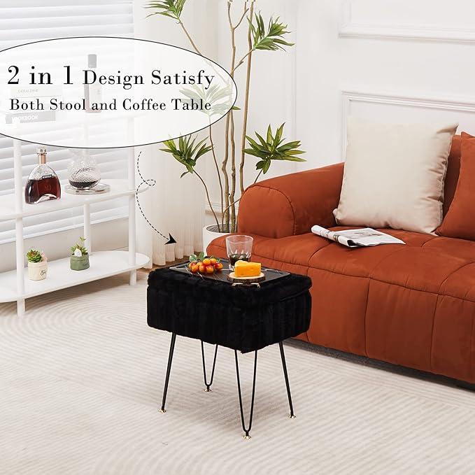 Wimarsbon Storage Ottoman, Vanity Stools with Metal Legs, 16.5" x 11.8" x 18" Modern Faux Mink Fur Footstool, Makeup Chair with Anti-Slip Feet, Accent Table,Footrest,Storage Bench for Bedroom