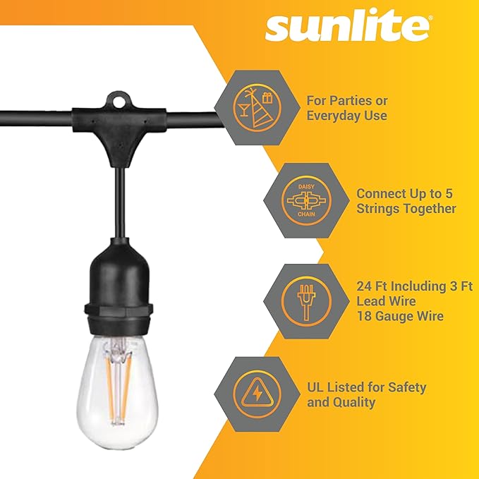 Sunlite 80571 24ft Outdoor String Lights, 1.5W Commercial Grade, Waterproof, Linkable Strands, UL Listed, 7 Hanging Sockets, Shatterproof LED Edison Bulbs Included, 2700K Warm White