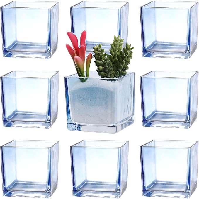 Square Flower Vases Set of 9, 3"x 3"x 3" Glass Vases for Centerpieces, Blue Vase for Flowers, Small Vase for Wedding, Party, Home Office Decoration