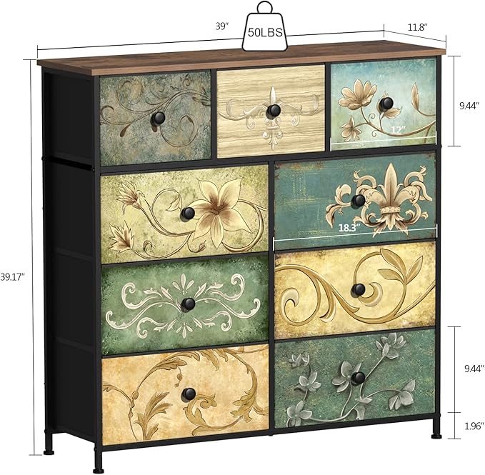 Tohomeor Dresser with Drawers for Bedroom Chest of Drawers Fabric Dresser for Closet,Nursery Entryway Hall Tree TV Stand for Living Room Retro Floral Pattern Drawers Wooden Top (9 Drawers)