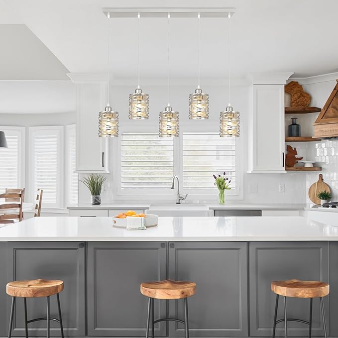 Brushed Nickel Pendant Lights for Kitchen Island, 5-Light Chandelier for Dining Room, Hanging Linear Chandeliers, Modern Dining Room Light Fixtures Pendant Light with Clear Glass Shades