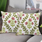 Alysheer Floral Embroidered Summer Decorative Throw Pillow Covers 18"x 18" Set of 2, Farmhouse Cottage Pink Flowers Green Leaves Knit Pattern Cotton Canvas Cushion Case for Sofa Couch Bed Living Room