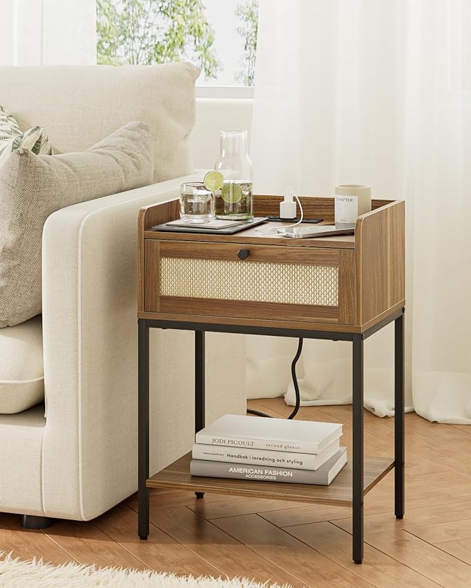 Masupu Nightstand with Charging Station, Modern Bedside Table Night Stand with Storage Drawer and Shelf,Small End Side Table for Bedroom,Living Room,Walnut Brown