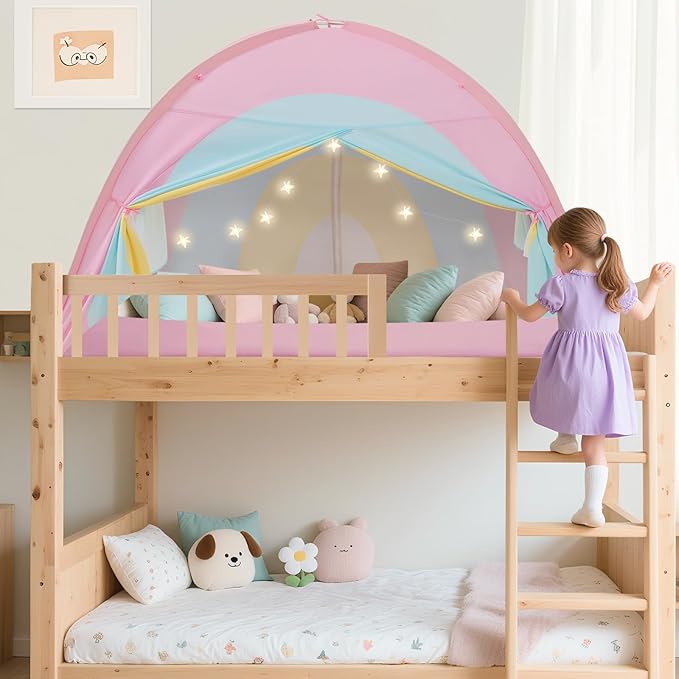 Twin Bed Tent for Kids, Twin Size Bed Canopy with Star Lights, Privacy Space Blackout Sleeping Tents, Indoor Breathable Portable Bunk Bed Tent for Girls, Rainbow