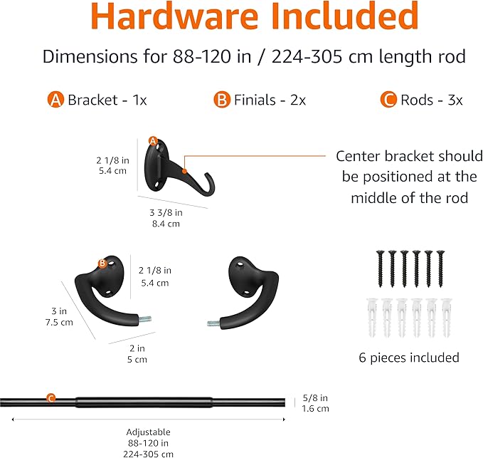 Amazon Basics Adjustable Easy to Install Blackout Curtain Rod for Bedroom and Living Room, 88" to 120", Black