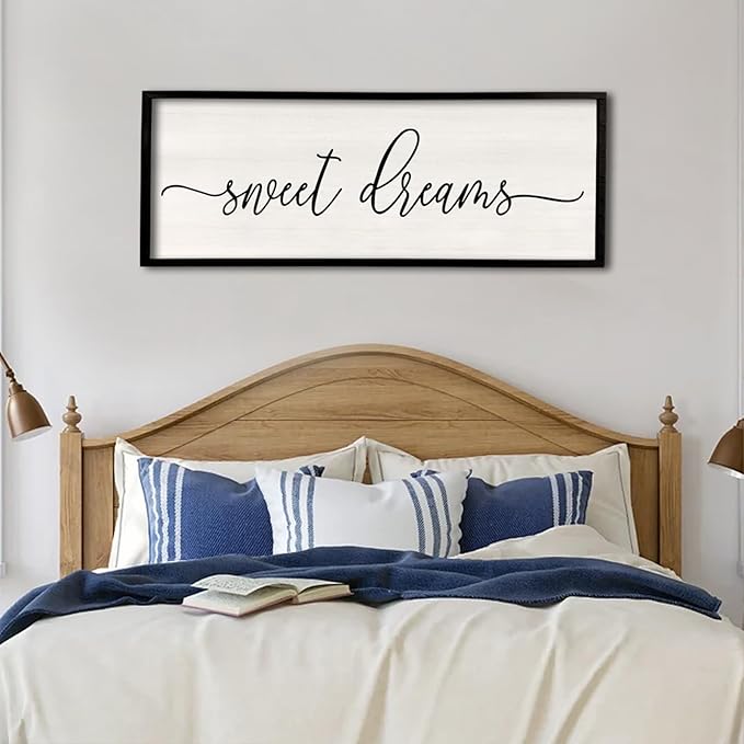 Sweet Dreams Wall Decor Above Bed 40''×15'' Master Bedroom Large Sweet Dreams Sign Farmhouse Wall Decor Guest Room Wood Rustic Framed Over Bed Wall Art Hanging Decoration (Black)