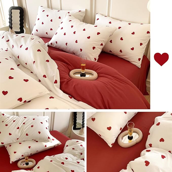 Heart Comforter Set Twin Size - 2 Pieces Red White Heart Comforter Bedding Sets for Girls Kids,Twin Bed in a Bag with Heart Love Comforter and 1 Pillowcase
